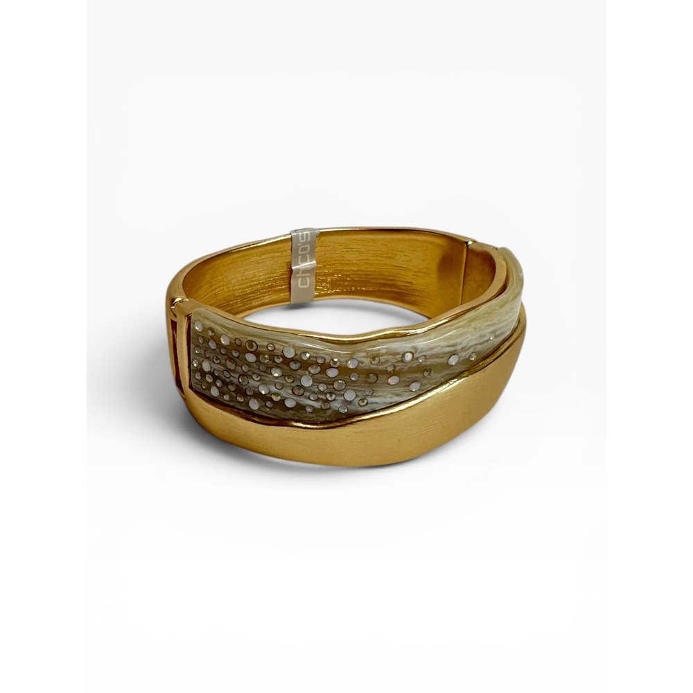 Chico's Hinged Cuff Bracelet Gold Tone  Mixed Media Crystal Inlay